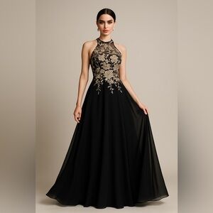 Betsy & Adam Elegant Black Maxi Dress with Gold Detailing
